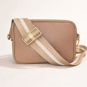 Elie Beaumont Taupe Leather Crossbody | Metallic Rose Gold EB Strap | Like New